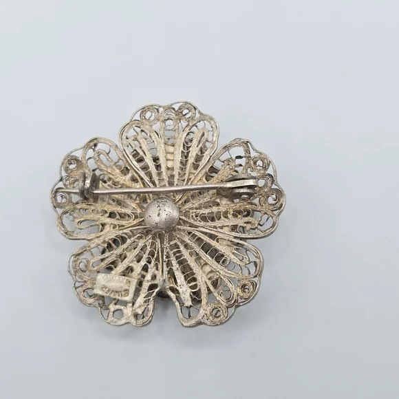 VTG Mexico Silver Filigree Flower Brooch Pin Layered Floral 1.75" REPAIR - Picture 6 of 12